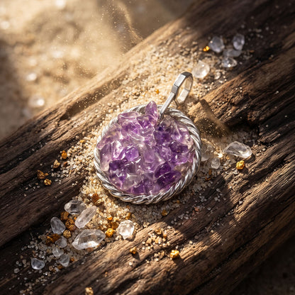 Amulet tensorowy z ametystem – srebro 925 pokryte platyną