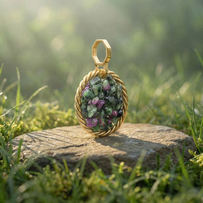 Tensor Amulet with Zoisite and Ruby – Gold-Plated Brass