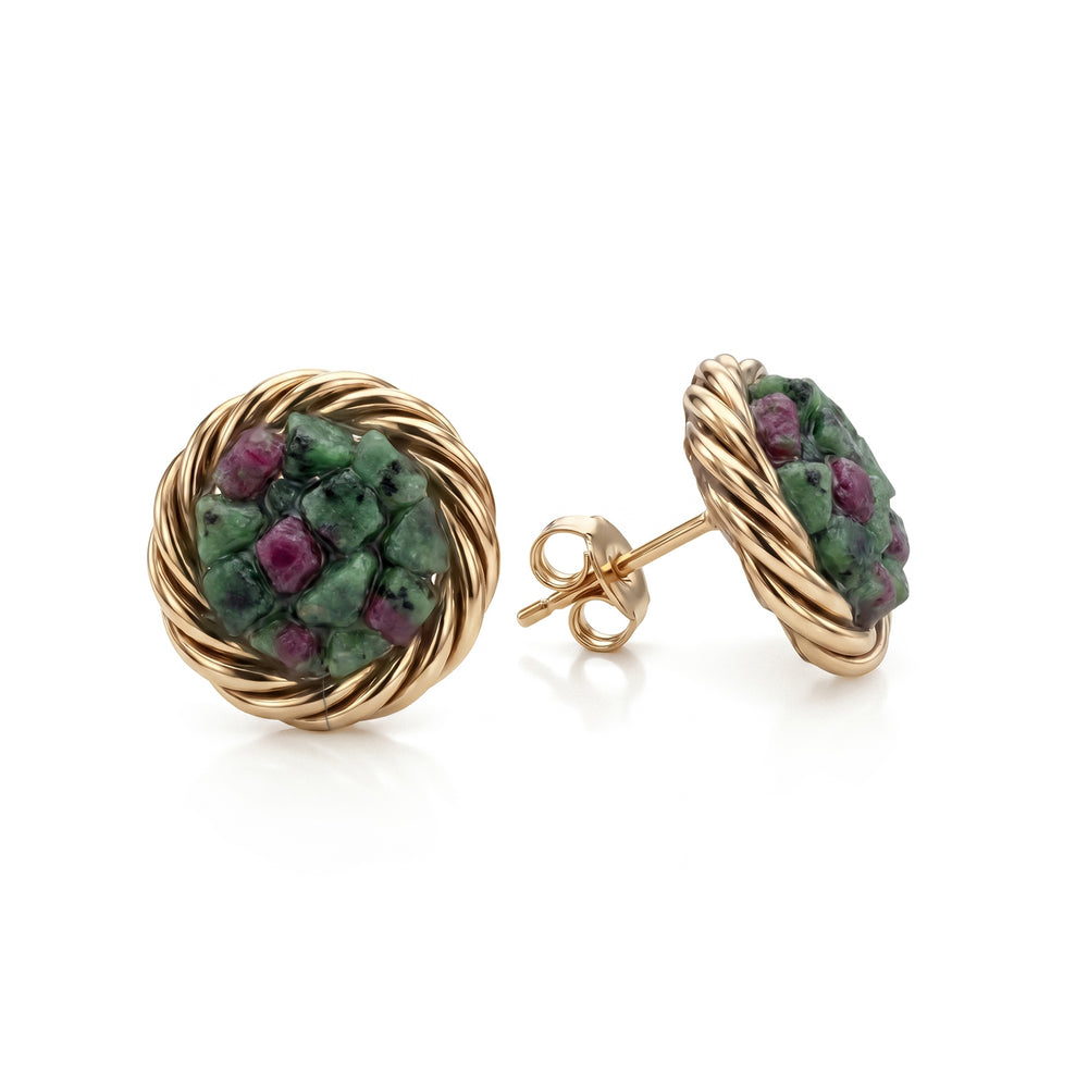 Gold-plated copper tensor earrings with Zoisite and Ruby