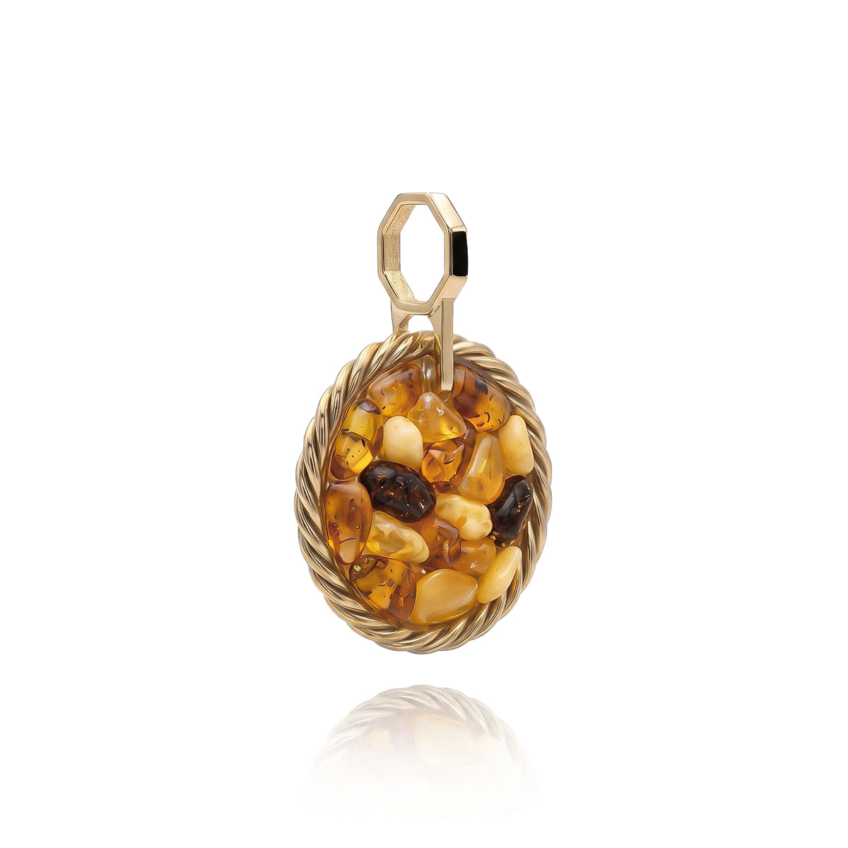Miedziany amulet tensorowy z bursztynem – pokryty złotem