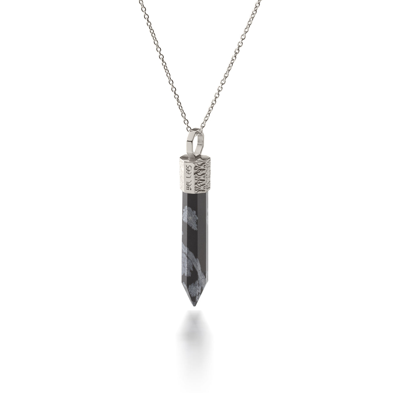 Necklace 44 cm with Snow Obsidian – 925 silver plated with platinum